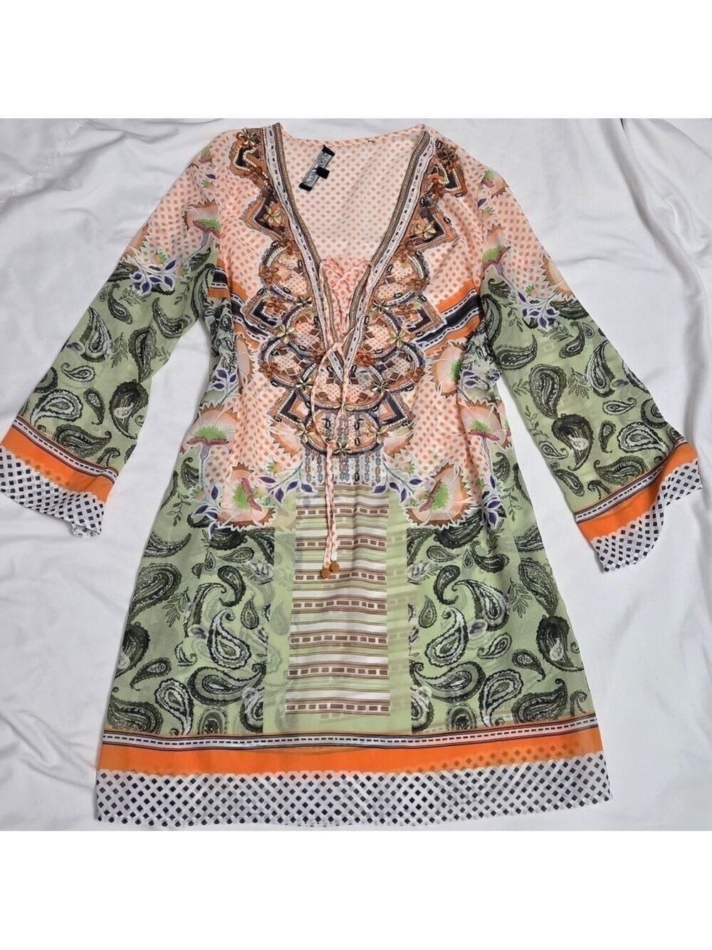 Minkas Boho Embellished Beaded Tunic Longsleeve Paisley Print Dress Size M